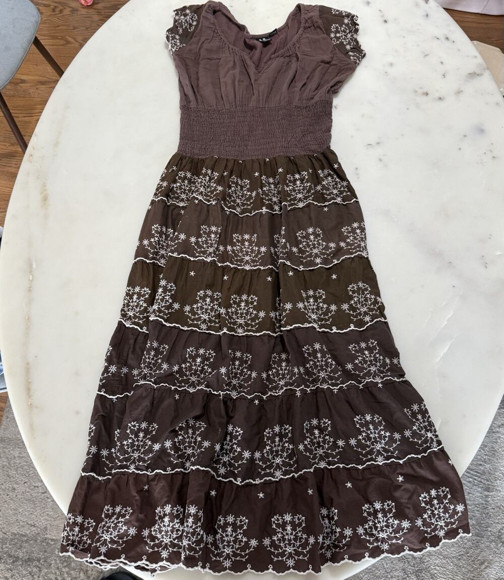 S.R. Fashion 100% Cotton Brown Smocked Bodice Tiered Floral Maxi Dress Sz M Boho